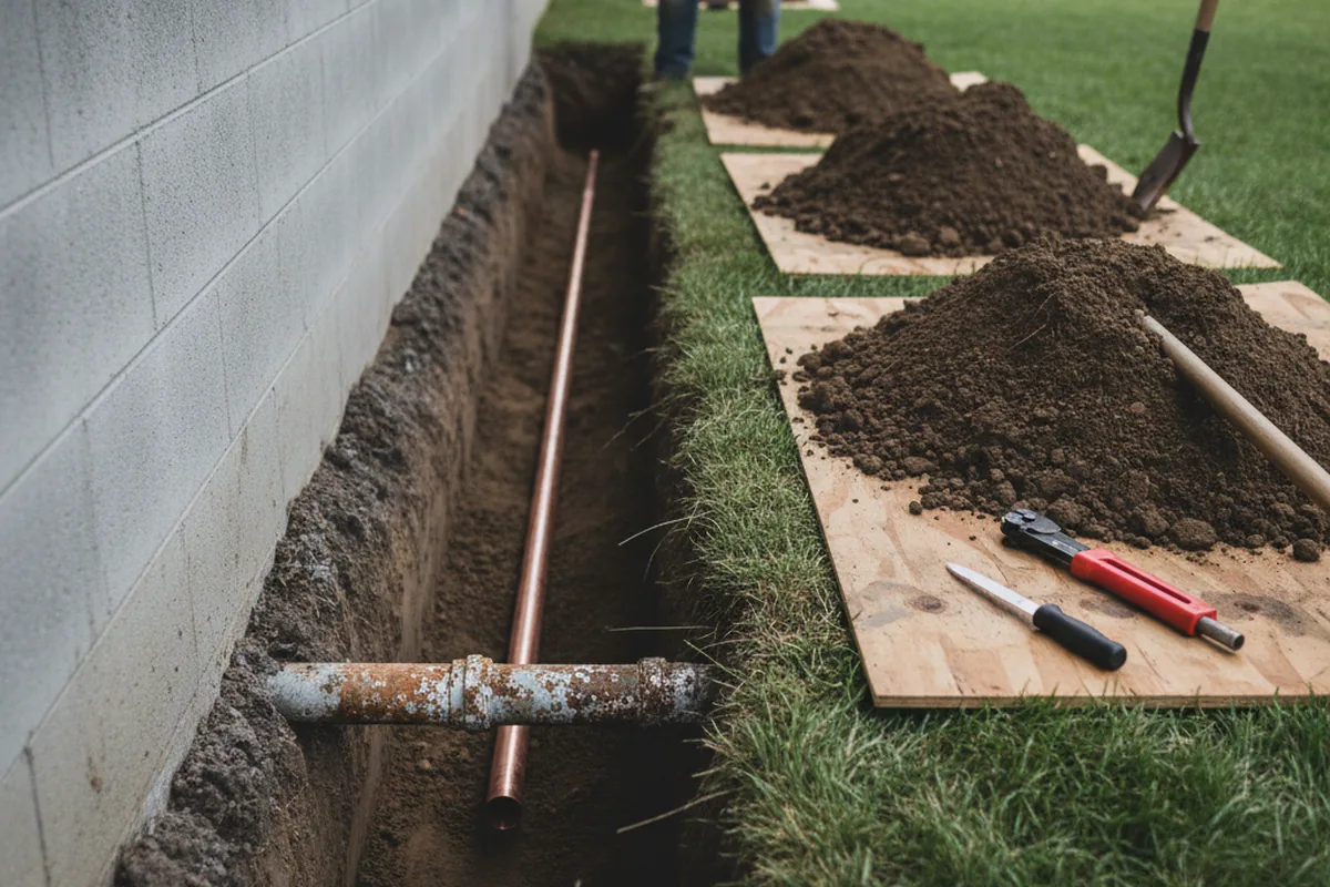 Excavated water line trench during Water Softener Installation in Oakville